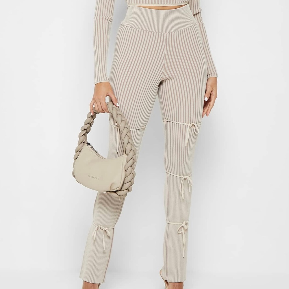 NWT Maniere De Voir Knitted Two Tone Trousers Pants w/Ties Beige